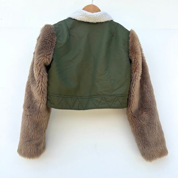 Shaci Cropped Bomber Jacket Faux Fur Sleeves Olive Green Small Streetwear - Picture 10 of 13